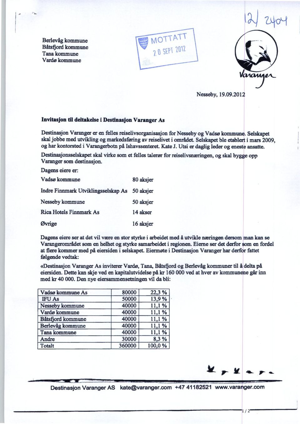 Selskapet skal jobbe med utvikling og markedsføring av reiselivet i området. Selskapet ble etablert i mars 2009, og har kontorsted i Varangerbotn på Ishavssenteret. Kate J.