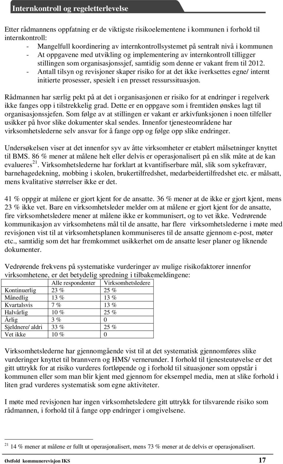 - Antall tilsyn og revisjoner skaper risiko for at det ikke iverksettes egne/ internt initierte prosesser, spesielt i en presset ressurssituasjon.