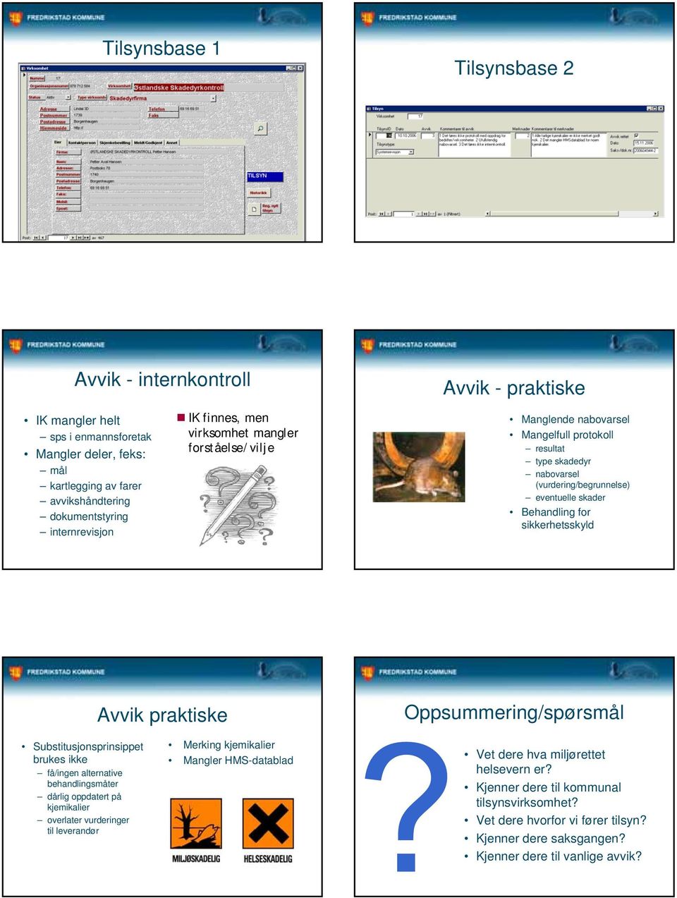 sikkerhetsskyld Avvik praktiske Oppsummering/spørsmål Substitusjonsprinsippet brukes ikke få/ingen alternative behandlingsmåter dårlig oppdatert på kjemikalier overlater vurderinger til leverandør