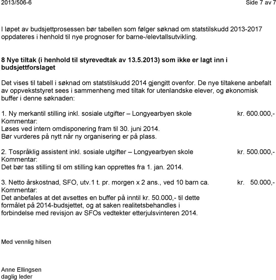 De nye tiltakene anbefalt av oppvekststyret sees i sammenheng med tiltak for utenlandske elever, og økonomisk buffer i denne søknaden: 1. Ny merkantil stilling inkl.