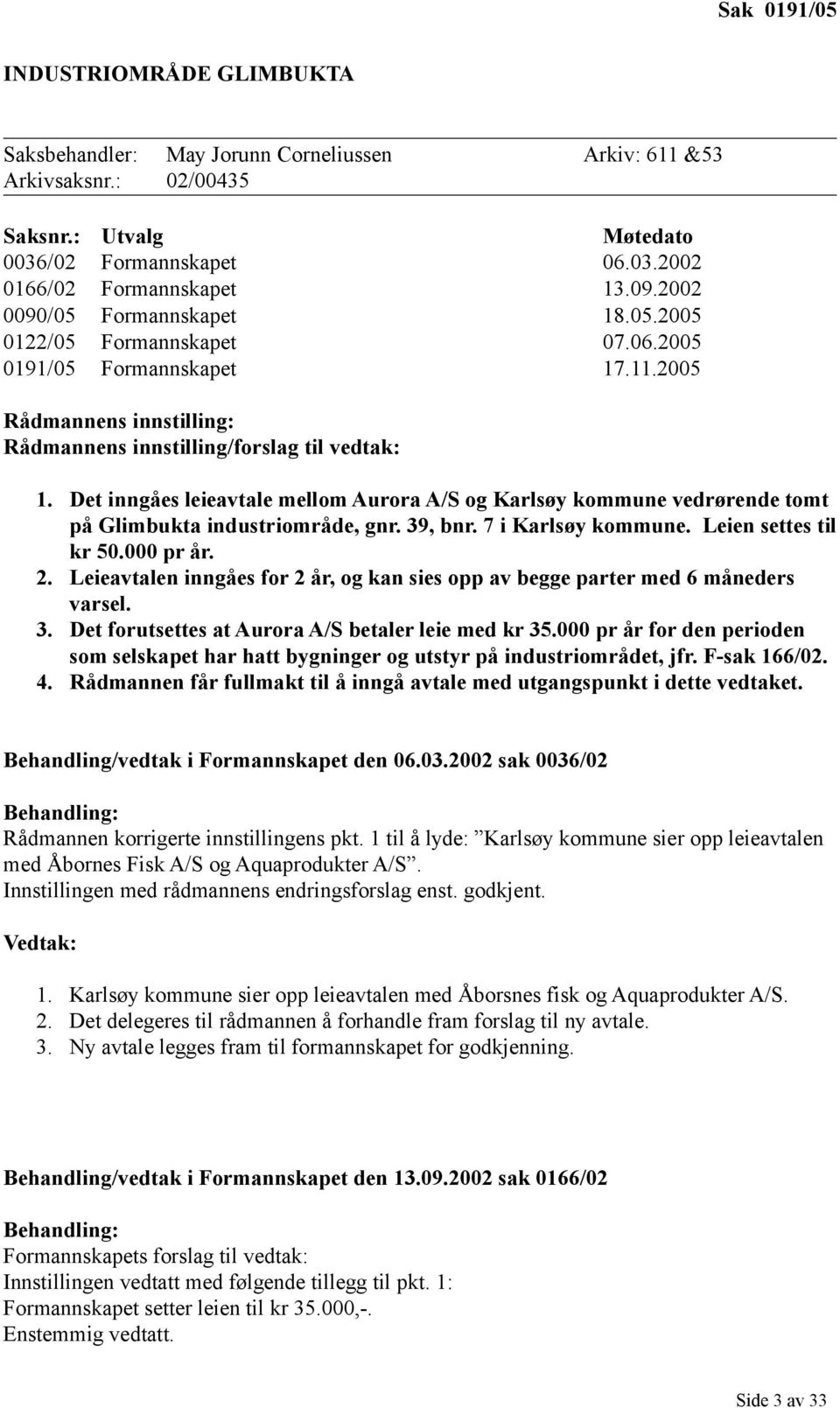 Det inngåes leieavtale mellom Aurora A/S og Karlsøy kommune vedrørende tomt på Glimbukta industriområde, gnr. 39, bnr. 7 i Karlsøy kommune. Leien settes til kr 50.000 pr år. 2.