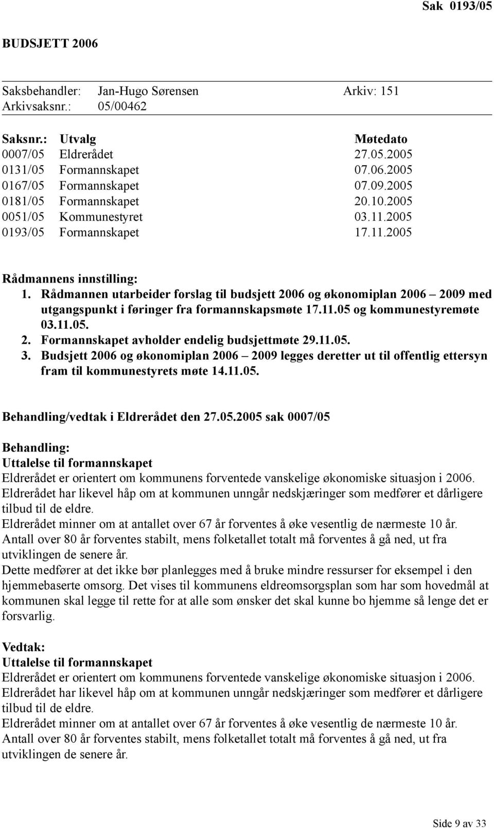 Rådmannen utarbeider forslag til budsjett 2006 og økonomiplan 2006 2009 med utgangspunkt i føringer fra formannskapsmøte 17.11.05 og kommunestyremøte 03.11.05. 2. Formannskapet avholder endelig budsjettmøte 29.