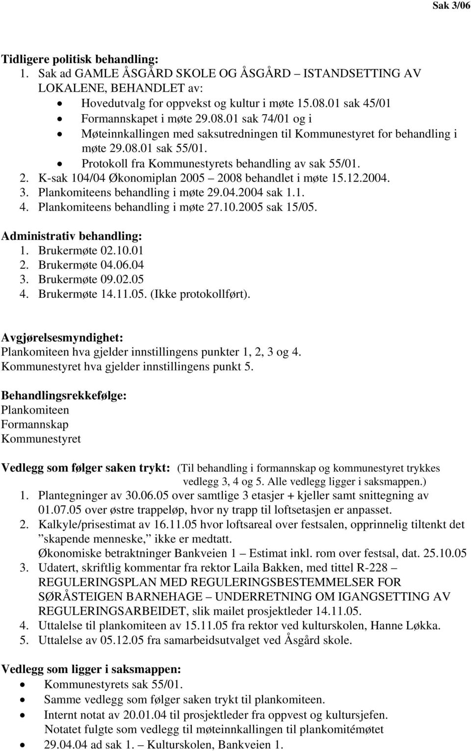 Protokoll fra Kommunestyrets behandling av sak 55/01. 2. K-sak 104/04 Økonomiplan 2005 2008 behandlet i møte 15.12.2004. 3. Plankomiteens behandling i møte 29.04.2004 sak 1.1. 4.