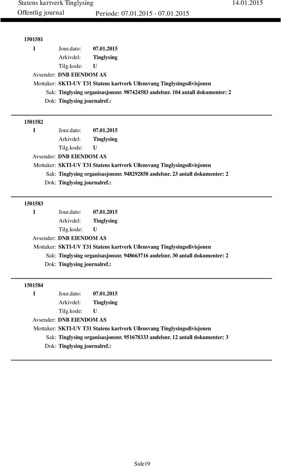 23 antall dokumenter: 2 Dok: journalref.: 1501583 Avsender: DNB EIENDOM AS Mottaker: SKTI-V T31 Statens kartverk llensvang sdivisjonen Sak: organisasjonsnr. 948663716 andelsnr.