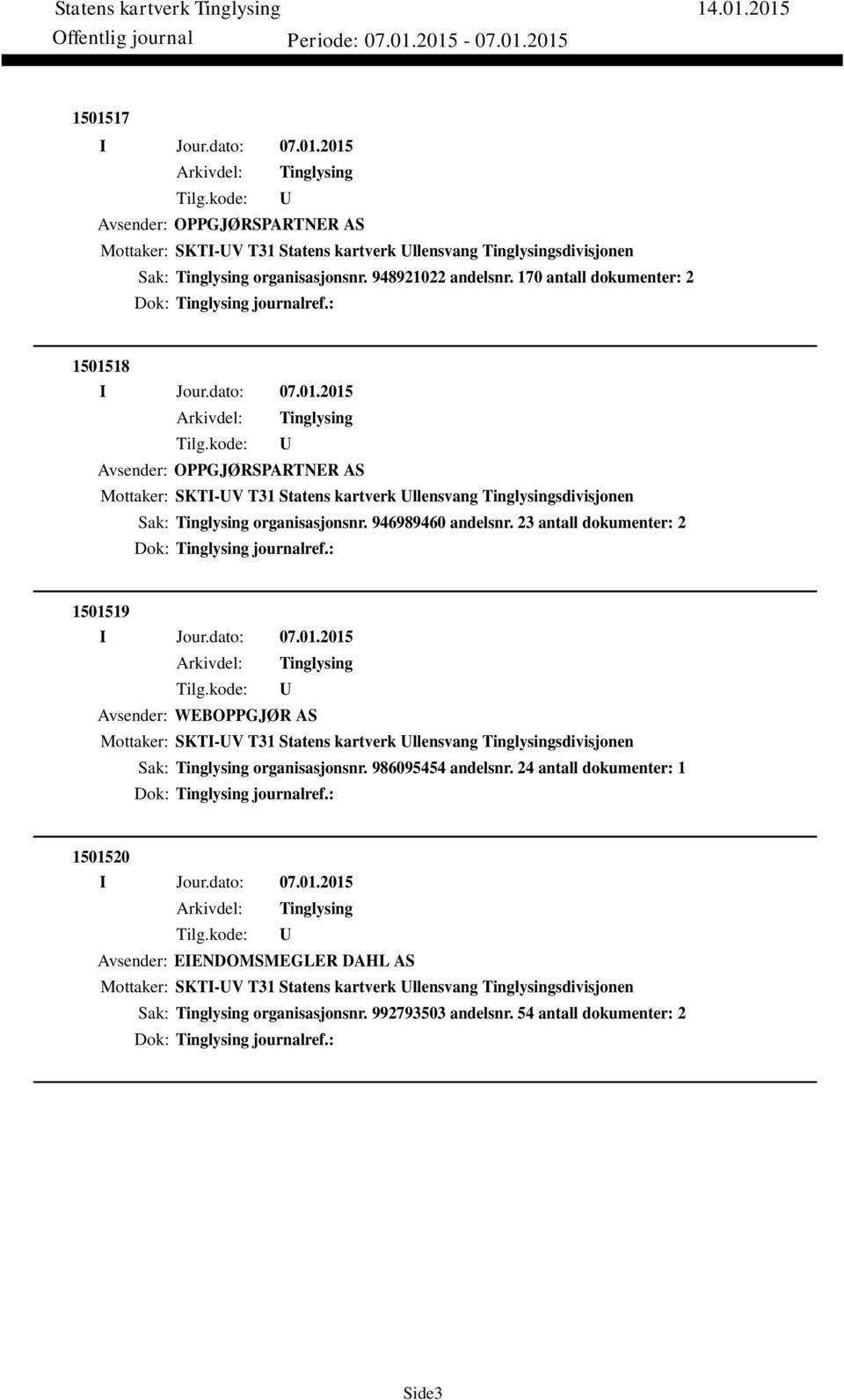 23 antall dokumenter: 2 Dok: journalref.: 1501519 Avsender: WEBOPPGJØR AS Mottaker: SKTI-V T31 Statens kartverk llensvang sdivisjonen Sak: organisasjonsnr. 986095454 andelsnr.