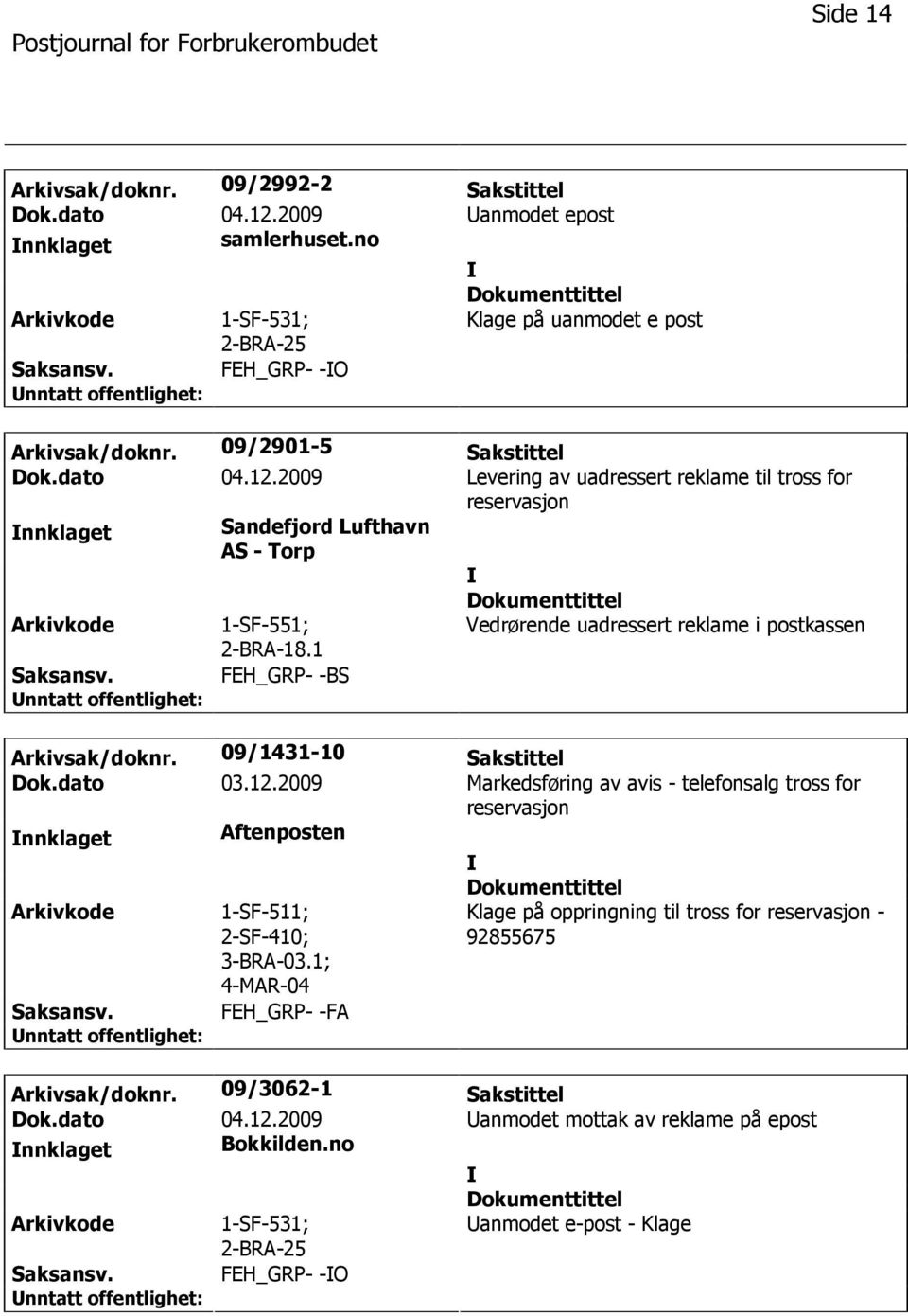 1 Vedrørende uadressert reklame i postkassen FEH_GRP- -BS Arkivsak/doknr. 09/1431-10 Sakstittel Dok.dato 03.12.