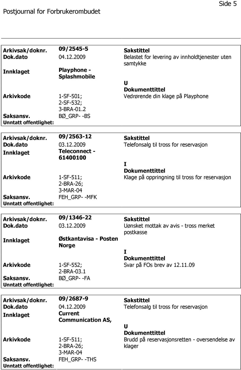 Sakstittel Dok.dato 03.12.2009 Telefonsalg til tross for reservasjon nnklaget Teleconnect - 61400100 1-SF-511; 2-BRA-26; Klage på oppringning til tross for reservasjon FEH_GRP- -MFK Arkivsak/doknr.