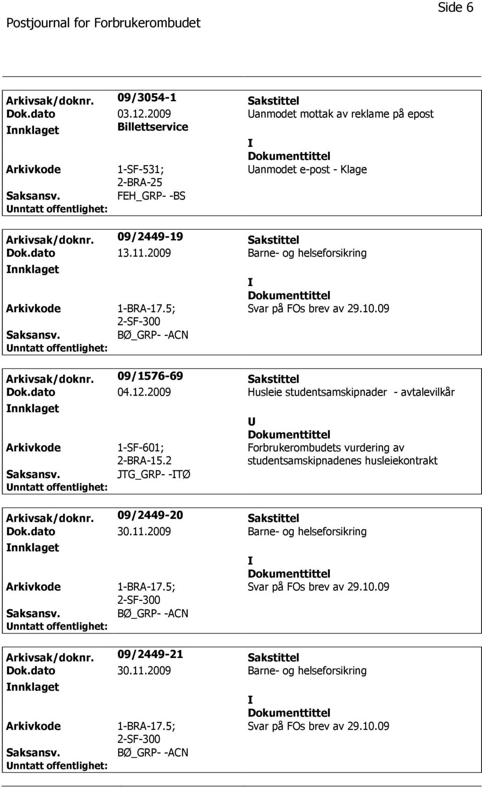 2009 Husleie studentsamskipnader - avtalevilkår nnklaget 1-SF-601; 2-BRA-15.2 JTG_GRP- -TØ Forbrukerombudets vurdering av studentsamskipnadenes husleiekontrakt Arkivsak/doknr.