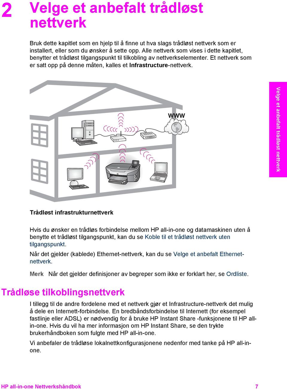 Velge et anbefalt trådløst nettverk Trådløst infrastrukturnettverk Hvis du ønsker en trådløs forbindelse mellom HP all-in-one og datamaskinen uten å benytte et trådløst tilgangspunkt, kan du se Koble