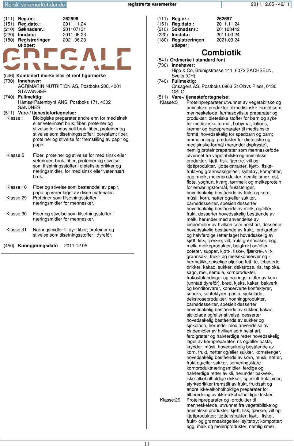 23 (546) Kombinert merke eller et rent figurmerke AGRIMARIN NUTRITION AS, Postboks 208, 4001 STAVANGER Håmsø Patentbyrå ANS, Postboks 171, 4302 SANDNES Klasse:1 Biologiske preparater andre enn for