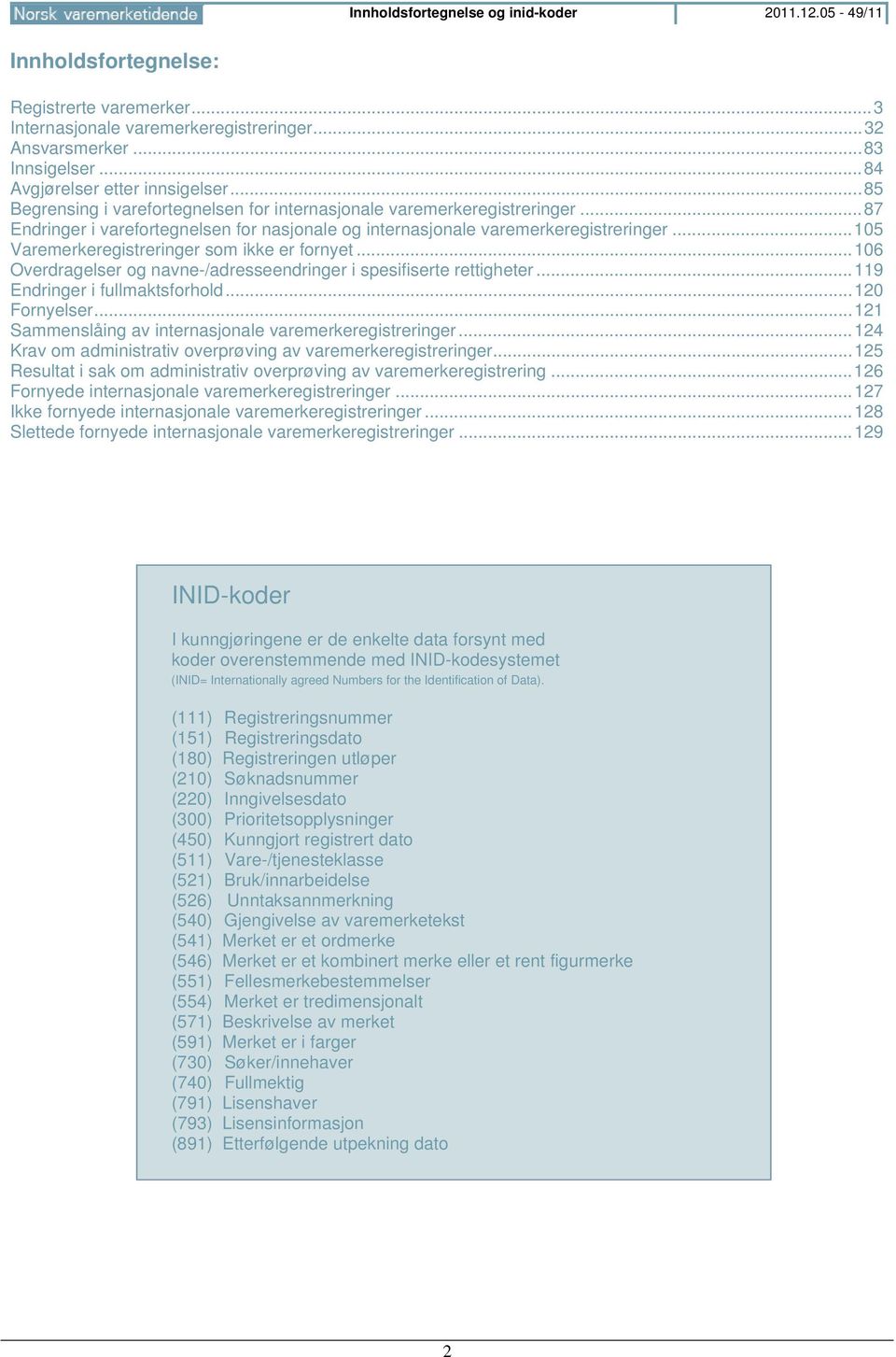 .. 87 Endringer i varefortegnelsen for nasjonale og internasjonale varemerkeregistreringer... 105 Varemerkeregistreringer som ikke er fornyet.