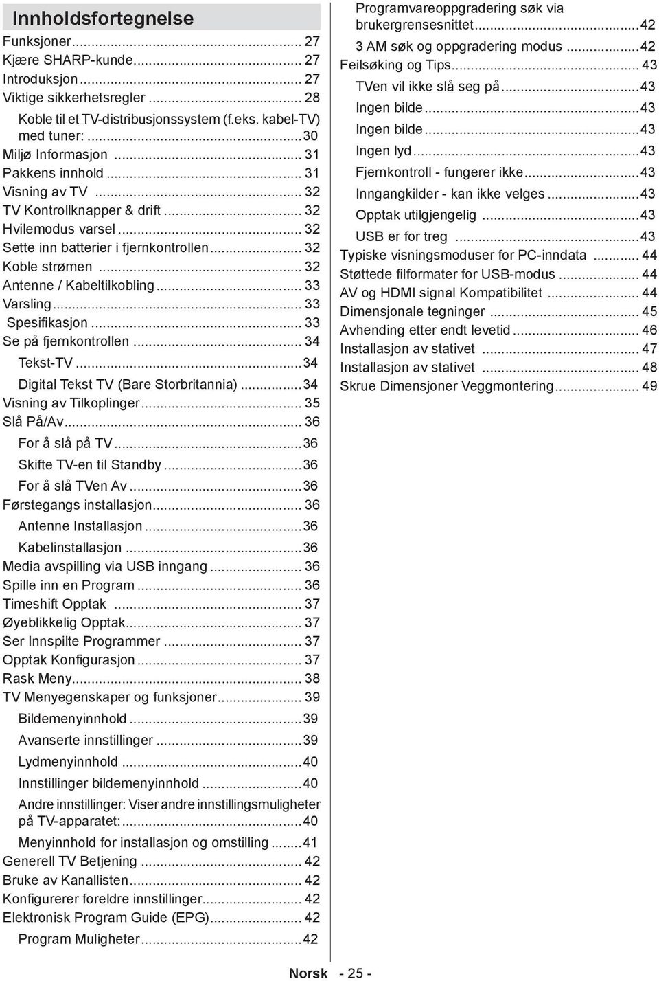 .. 33 Varsling... 33 Spesifikasjon... 33 Se på fjernkontrollen... 34 Tekst-TV...34 Digital Tekst TV (Bare Storbritannia)...34 Visning av Tilkoplinger... 35 Slå På/Av... 36 For å slå på TV.