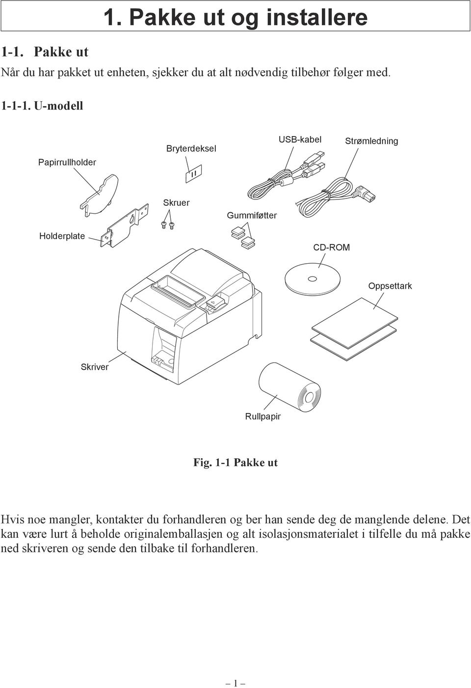 Fig. 1-1 Pakke ut Hvis noe mangler, kontakter du forhandleren og ber han sende deg de manglende delene.