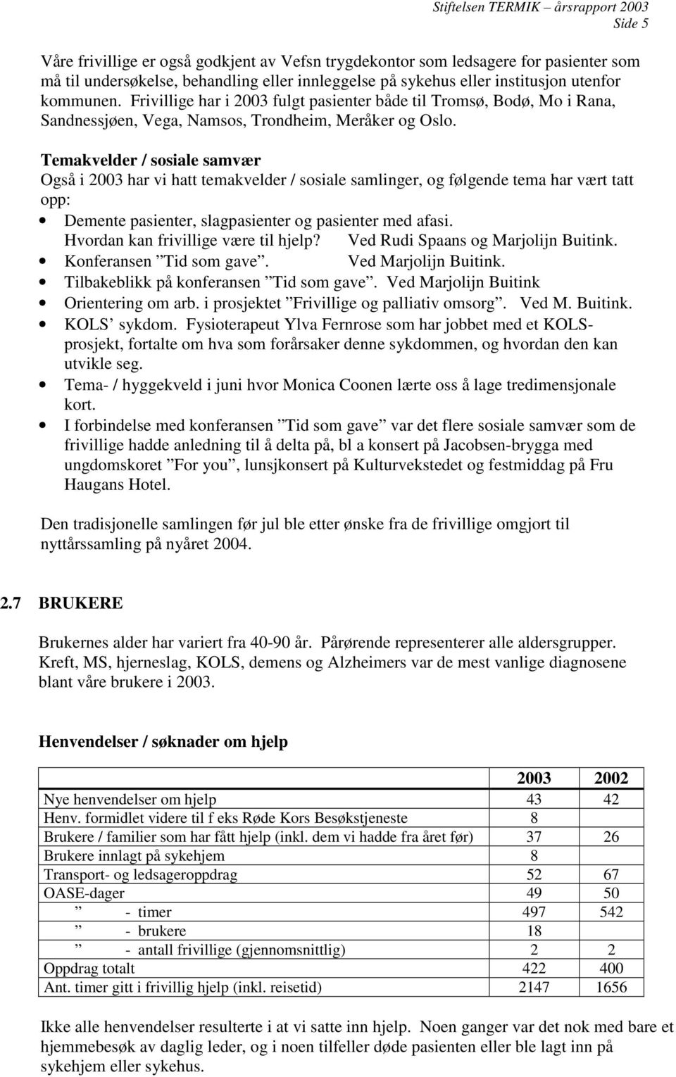 Temakvelder / sosiale samvær Også i 2003 har vi hatt temakvelder / sosiale samlinger, og følgende tema har vært tatt opp: Demente pasienter, slagpasienter og pasienter med afasi.