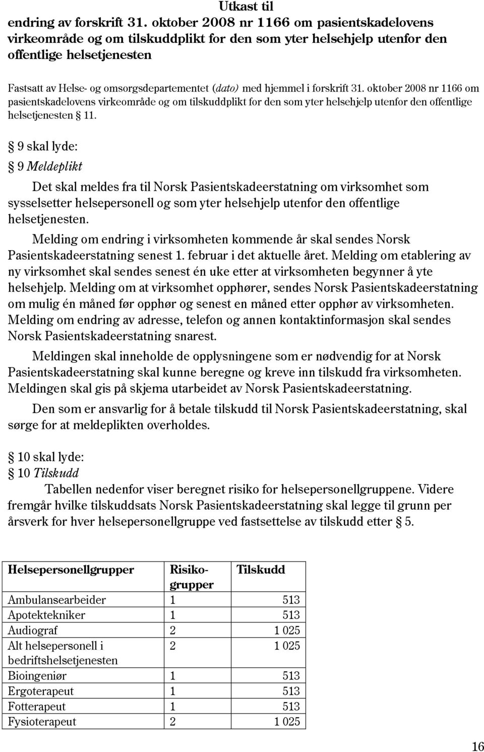 hjemmel i forskrift 31. oktober 2008 nr 1166 om pasientskadelovens virkeområde og om tilskuddplikt for den som yter helsehjelp utenfor den offentlige helsetjenesten 11.