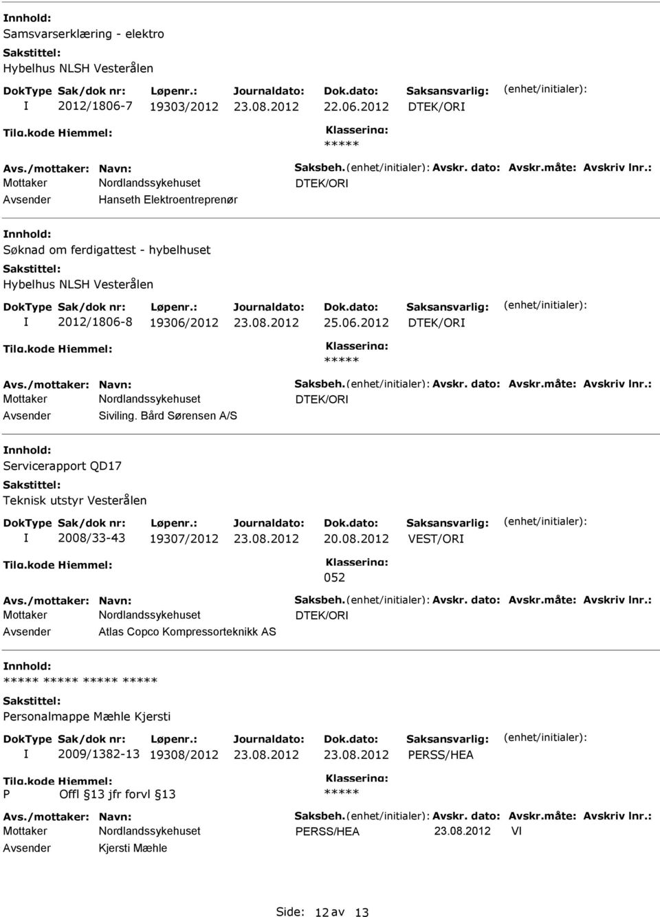 2012 DTEK/OR DTEK/OR Avsender Hanseth Elektroentreprenør nnhold: Søknad om ferdigattest - hybelhuset Hybelhus NLSH Vesterålen 2012/1806-8