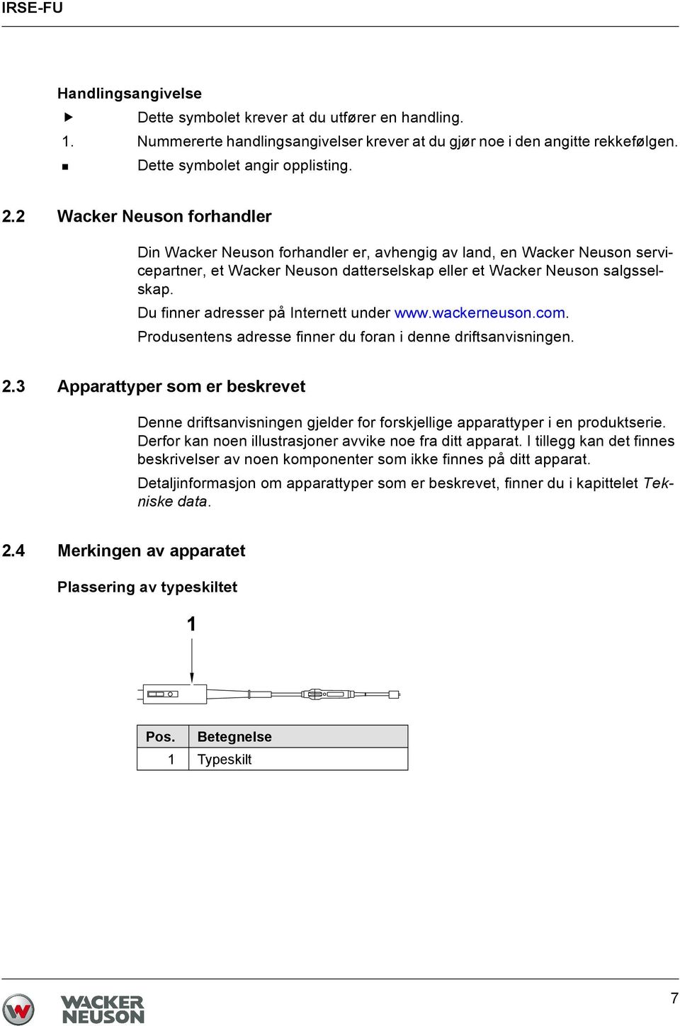 Du finner adresser på Internett under www.wackerneuson.com. Produsentens adresse finner du foran i denne driftsanvisningen. 2.