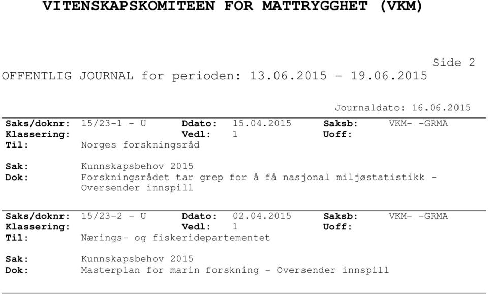 Forskningsrådet tar grep for å få nasjonal miljøstatistikk - Oversender innspill Saks/doknr: 15/23-2 - U