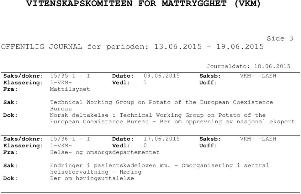 2015 Saksb: VKM- -LAEH Fra: Mattilsynet Technical Working Group on Potato of the European Coexistence Bureau Norsk deltakelse i