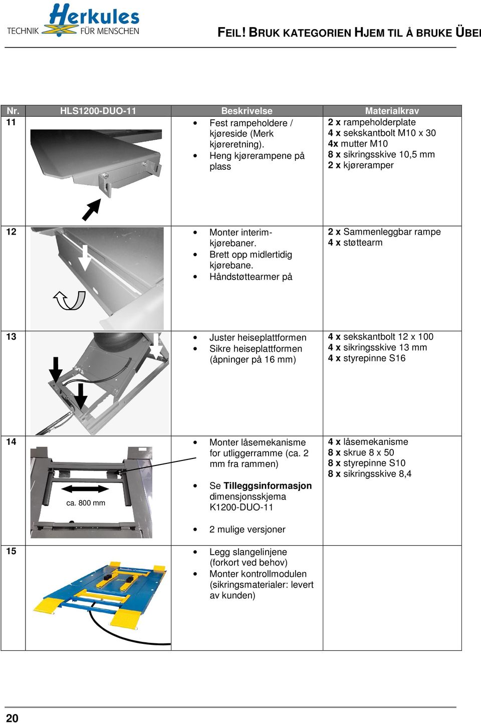 Håndstøttearmer på 2 x Sammenleggbar rampe 4 x støttearm 13 Juster heiseplattformen Sikre heiseplattformen (åpninger på 16 mm) 4 x sekskantbolt 12 x 100 4 x sikringsskive 13 mm 4 x styrepinne S16 14