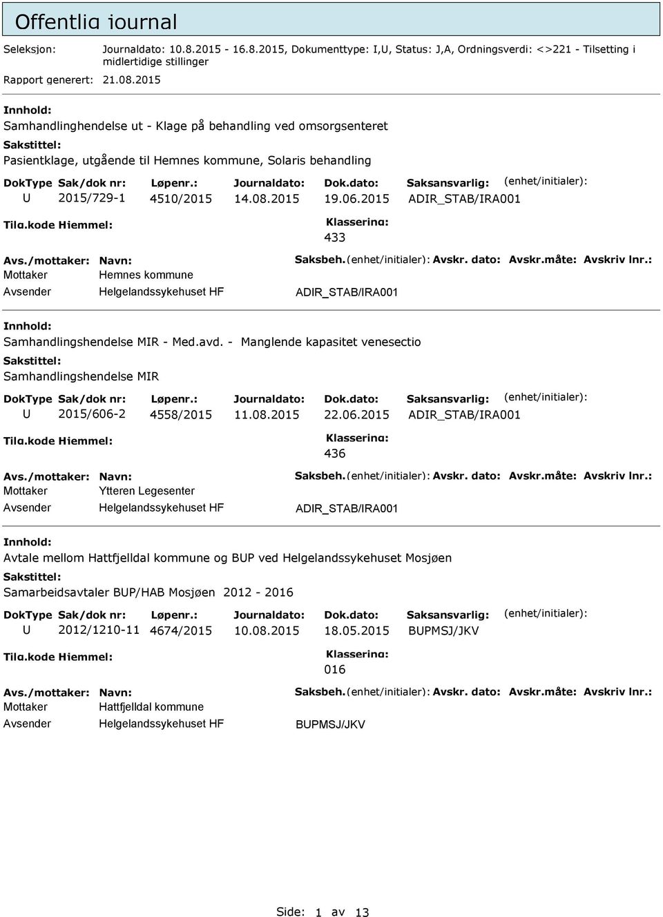 2015 ADR_STAB/RA001 433 Mottaker Hemnes kommune ADR_STAB/RA001 Samhandlingshendelse MR - Med.avd. - Manglende kapasitet venesectio Samhandlingshendelse MR 2015/606-