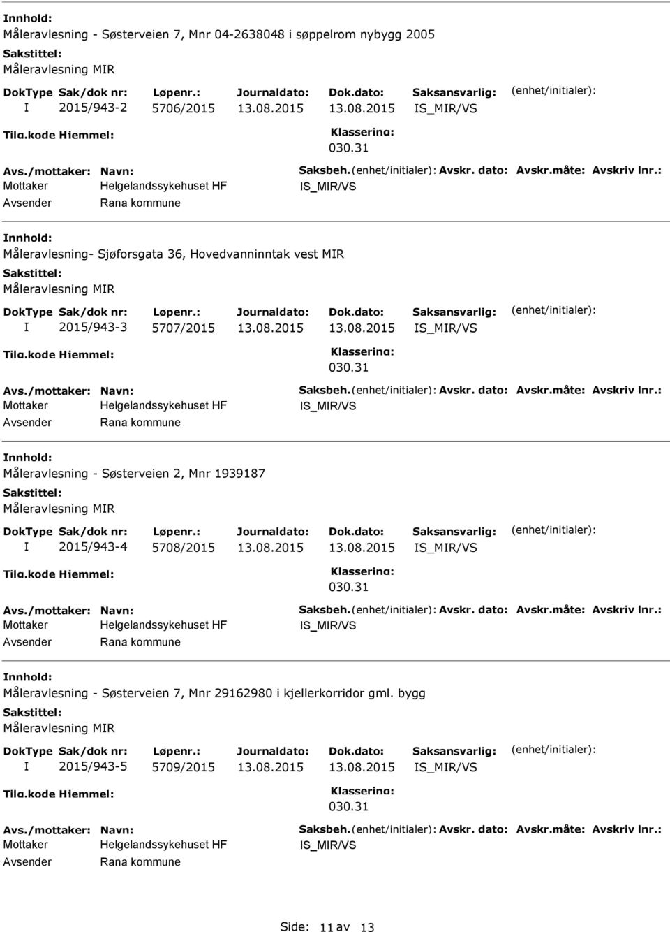 31 S_MR/VS Rana kommune Måleravlesning - Søsterveien 2, Mnr 1939187 Måleravlesning MR 2015/943-4 5708/2015 S_MR/VS 030.