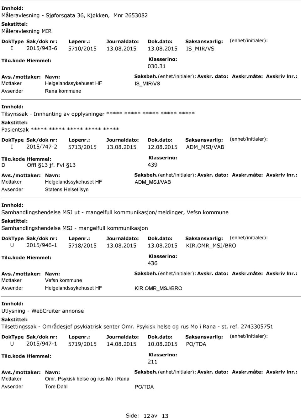 Samhandlingshendelse MSJ ut - mangelfull kommunikasjon/meldinger, Vefsn kommune Samhandlingshendelse MSJ - mangelfull kommunikasjon 2015/946-1 5718/2015 KR.