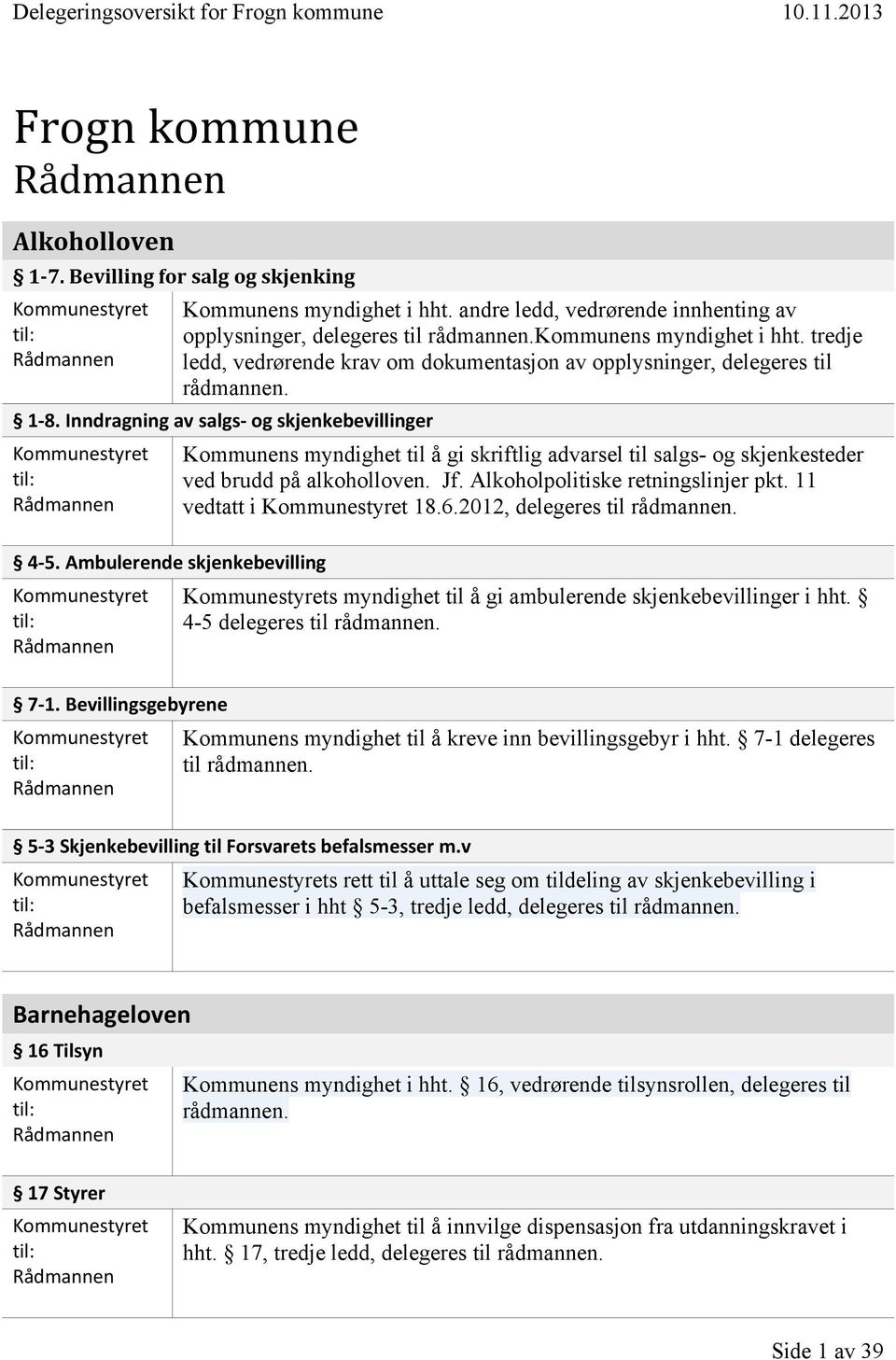 Ambulerende skjenkebevilling Kommunens myndighet til å gi skriftlig advarsel til salgs- og skjenkesteder ved brudd på alkoholloven. Jf. Alkoholpolitiske retningslinjer pkt. 11 vedtatt i 18.6.