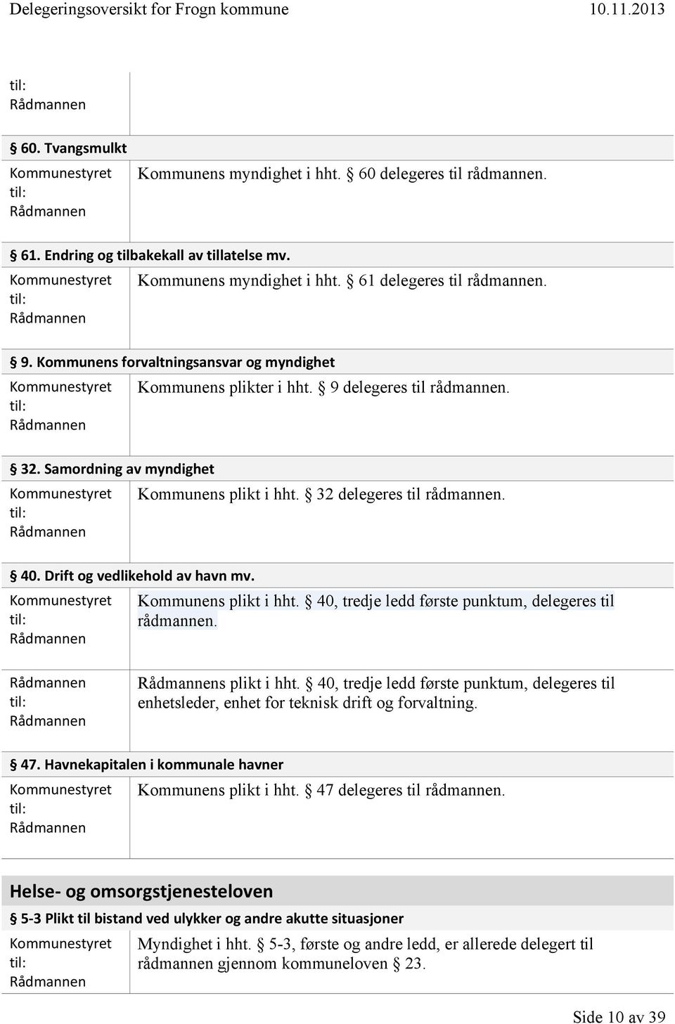 Kommunens plikt i hht. 40, tredje ledd første punktum, delegeres til s plikt i hht. 40, tredje ledd første punktum, delegeres til enhetsleder, enhet for teknisk drift og forvaltning. 47.