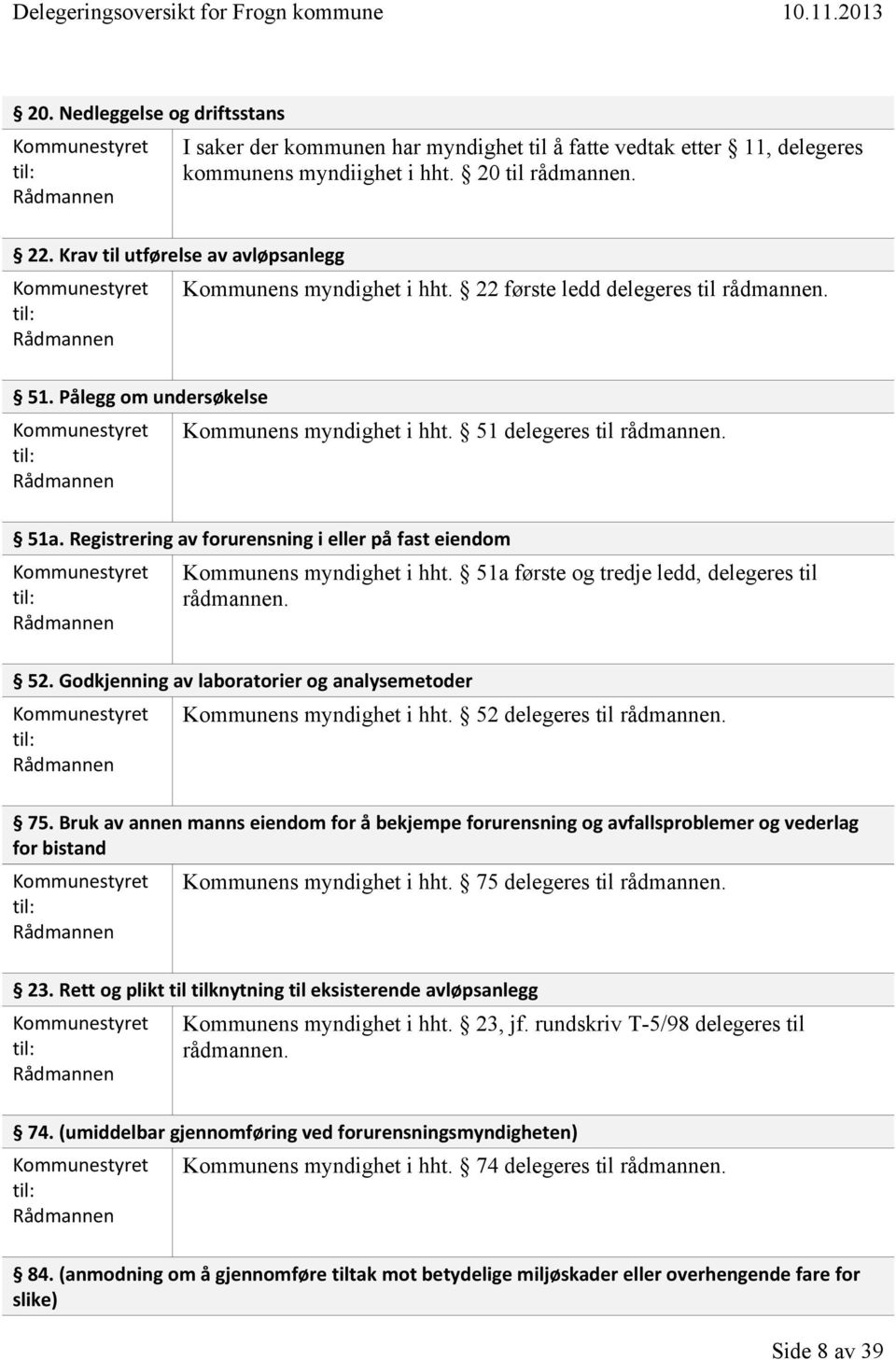 Registrering av forurensning i eller på fast eiendom Kommunens myndighet i hht. 51a første og tredje ledd, delegeres til 52. Godkjenning av laboratorier og analysemetoder Kommunens myndighet i hht.