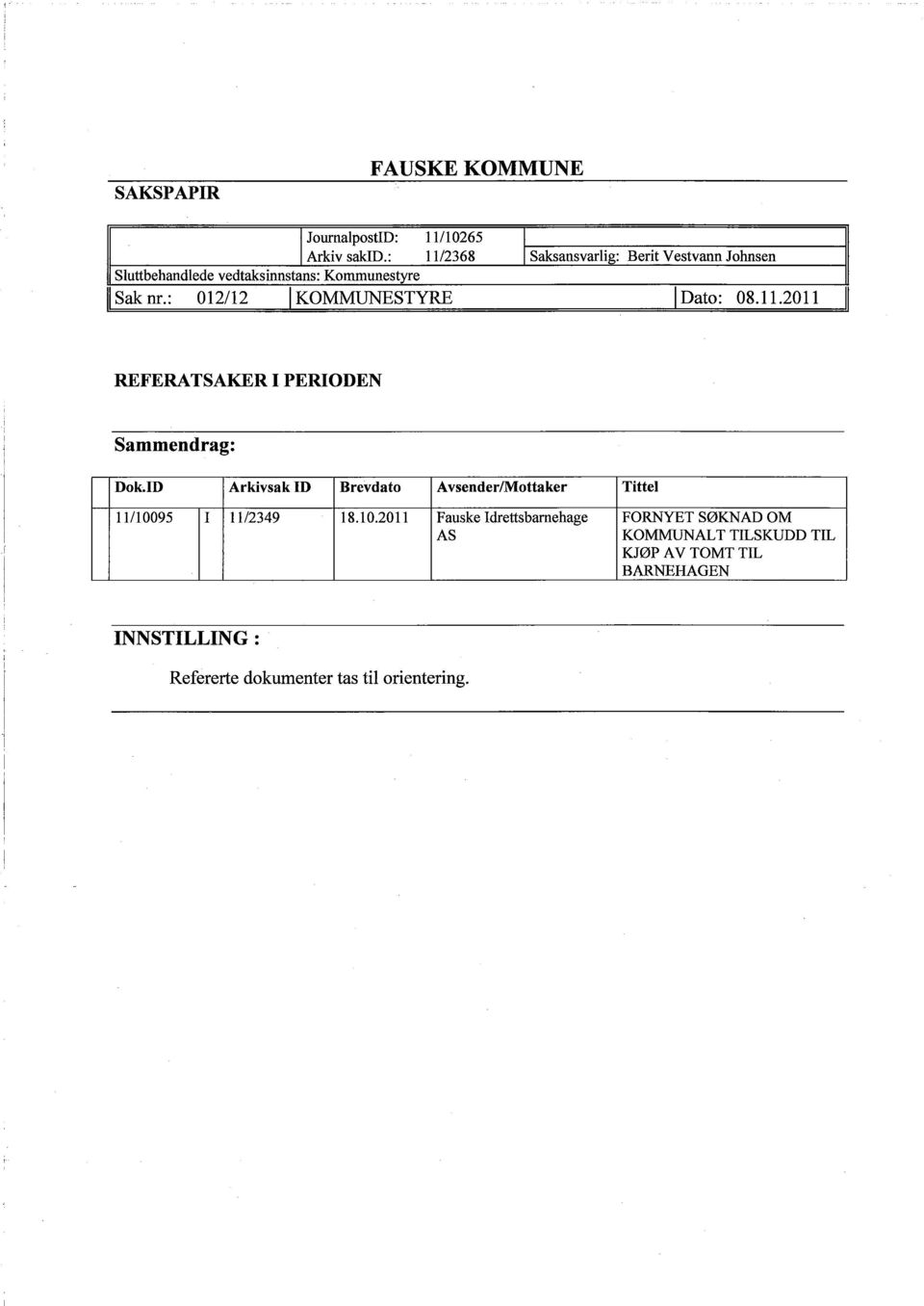 : 012/12 I KOMMUNESTYRE I I Saksansvarlig: Berit Vestvann Johnsen I Dato: 08.11.