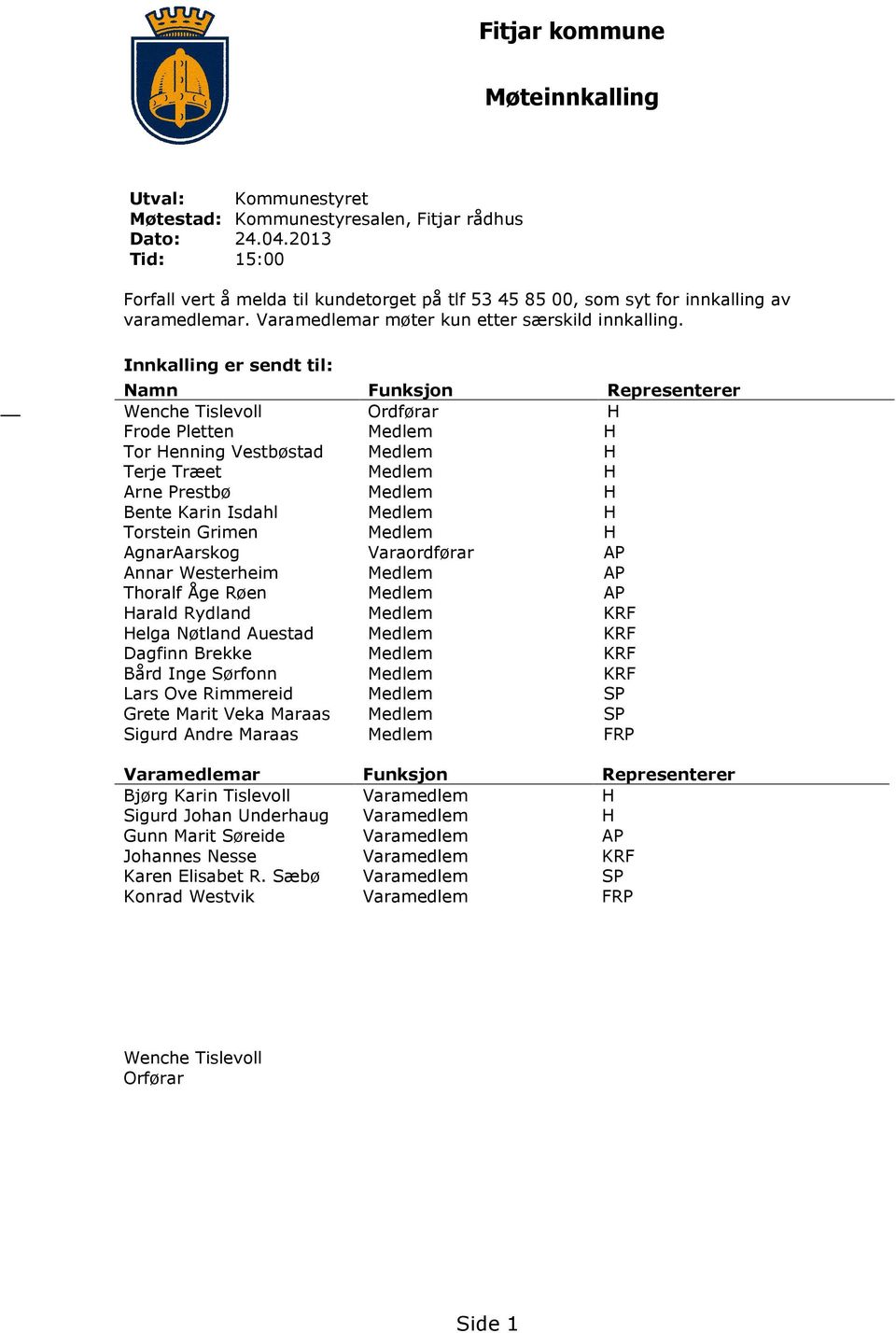 Innkalling er sendt til: Namn Funksjon Representerer Wenche Tislevoll Ordførar H Frode Pletten Medlem H Tor Henning Vestbøstad Medlem H Terje Træet Medlem H Arne Prestbø Medlem H Bente Karin Isdahl