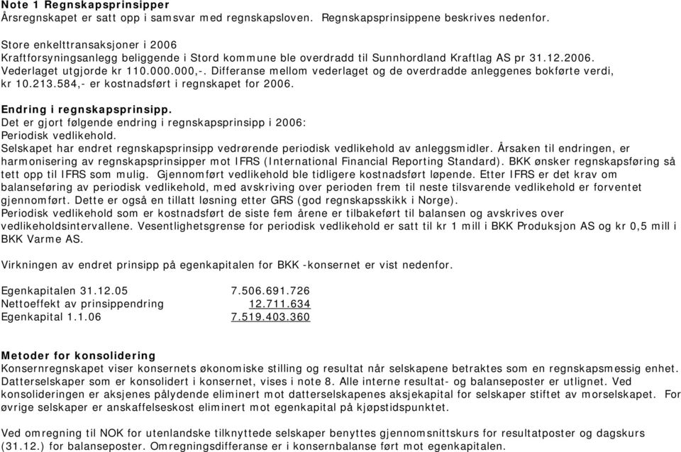 Differanse mellom vederlaget og de overdradde anleggenes bokførte verdi, kr 10.213.584,- er kostnadsført i regnskapet for 2006. Endring i regnskapsprinsipp.