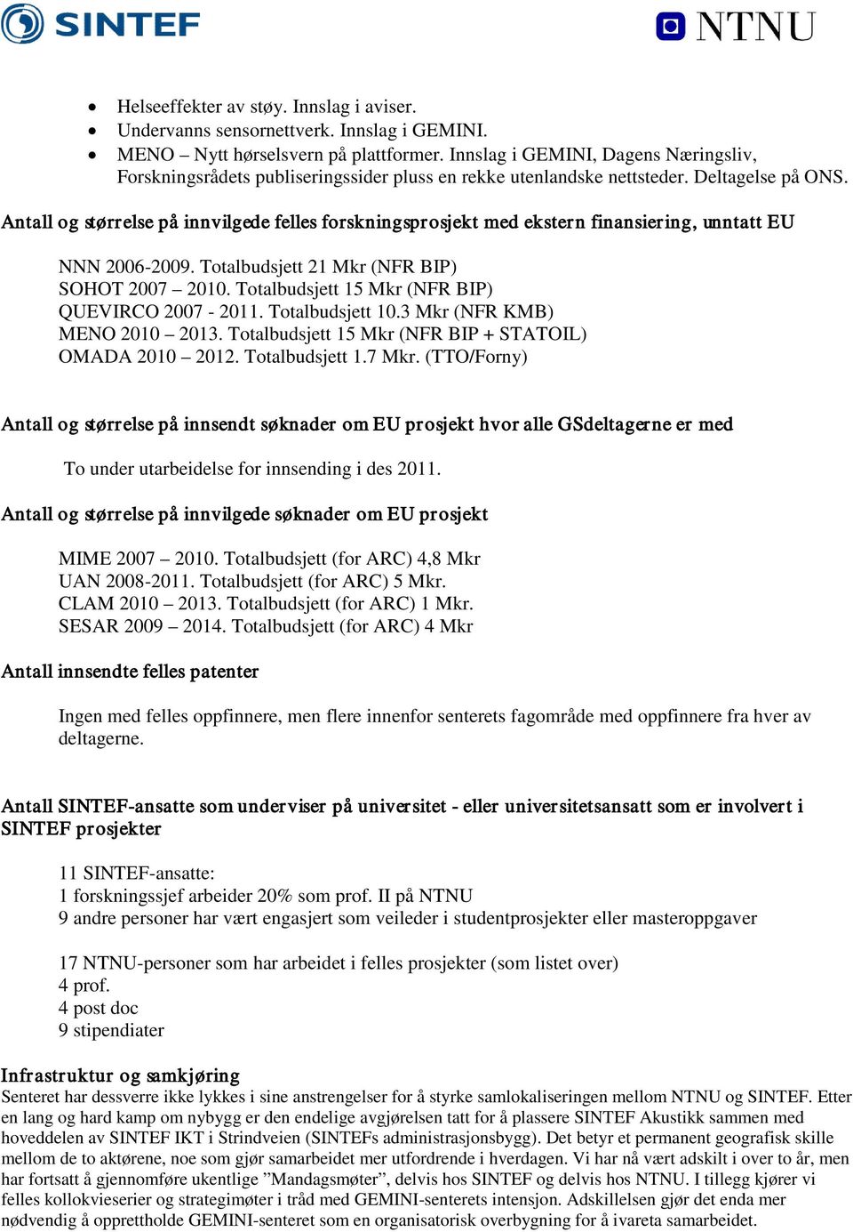 Antall og størrelse på innvilgede felles forskningsprosjekt med ekstern finansiering, unntatt EU NNN 2006-2009. Totalbudsjett 21 Mkr (NFR BIP) SOHOT 2007 2010.