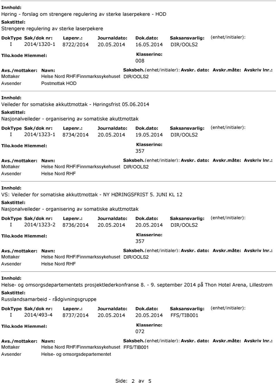 2014 Nasjonalveileder - organisering av somatiske akuttmottak 2014/1323-1 8734/2014 DR/OOLS2 357 Avs./mottaker: Navn: Saksbeh. Avskr. dato: Avskr.måte: Avskriv lnr.