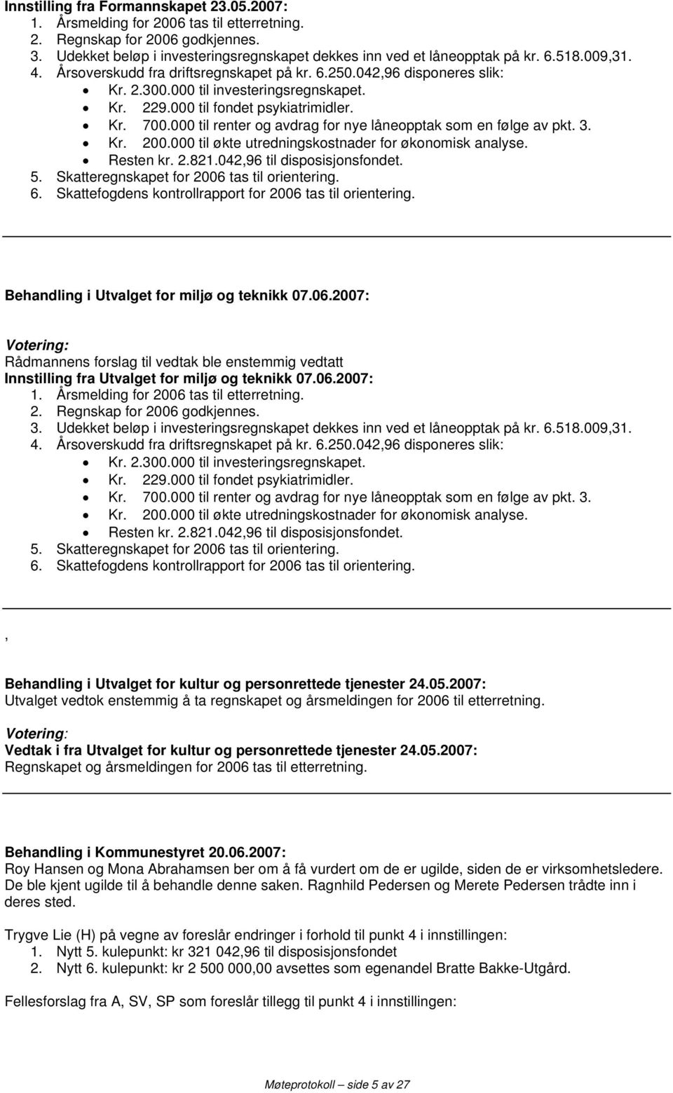 000 til renter og avdrag for nye låneopptak som en følge av pkt. 3. Kr. 200.000 til økte utredningskostnader for økonomisk analyse. Resten kr. 2.821.042,96 til disposisjonsfondet. 5.