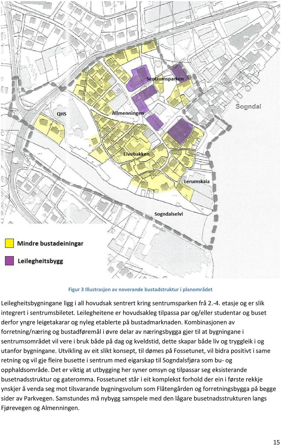 Kombinasjonen av forretning/næring og bustadføremål i øvre delar av næringsbygga gjer til at bygningane i sentrumsområdet vil vere i bruk både på dag og kveldstid, dette skapar både liv og tryggleik