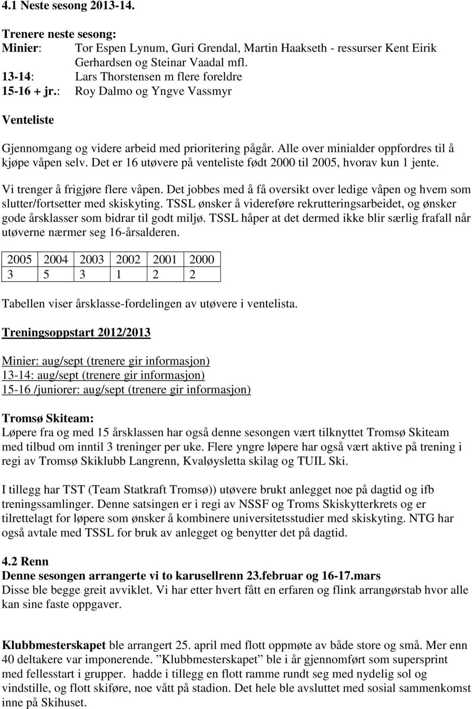 Det er 16 utøvere på venteliste født 2000 til 2005, hvorav kun 1 jente. Vi trenger å frigjøre flere våpen. Det jobbes med å få oversikt over ledige våpen og hvem som slutter/fortsetter med skiskyting.