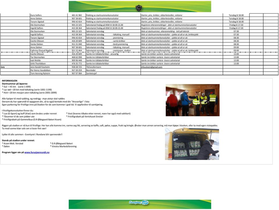 00 Torunn Sigstad 996 42 654 Pakking av startnummerkonvolutter Startnr, pins, brikker, sikkerhetsnåler, reklame Torsdag kl 18.00 Ola Stormorken 905 23 325 Sekretariat fredag på KIWI kl 18.00-21.