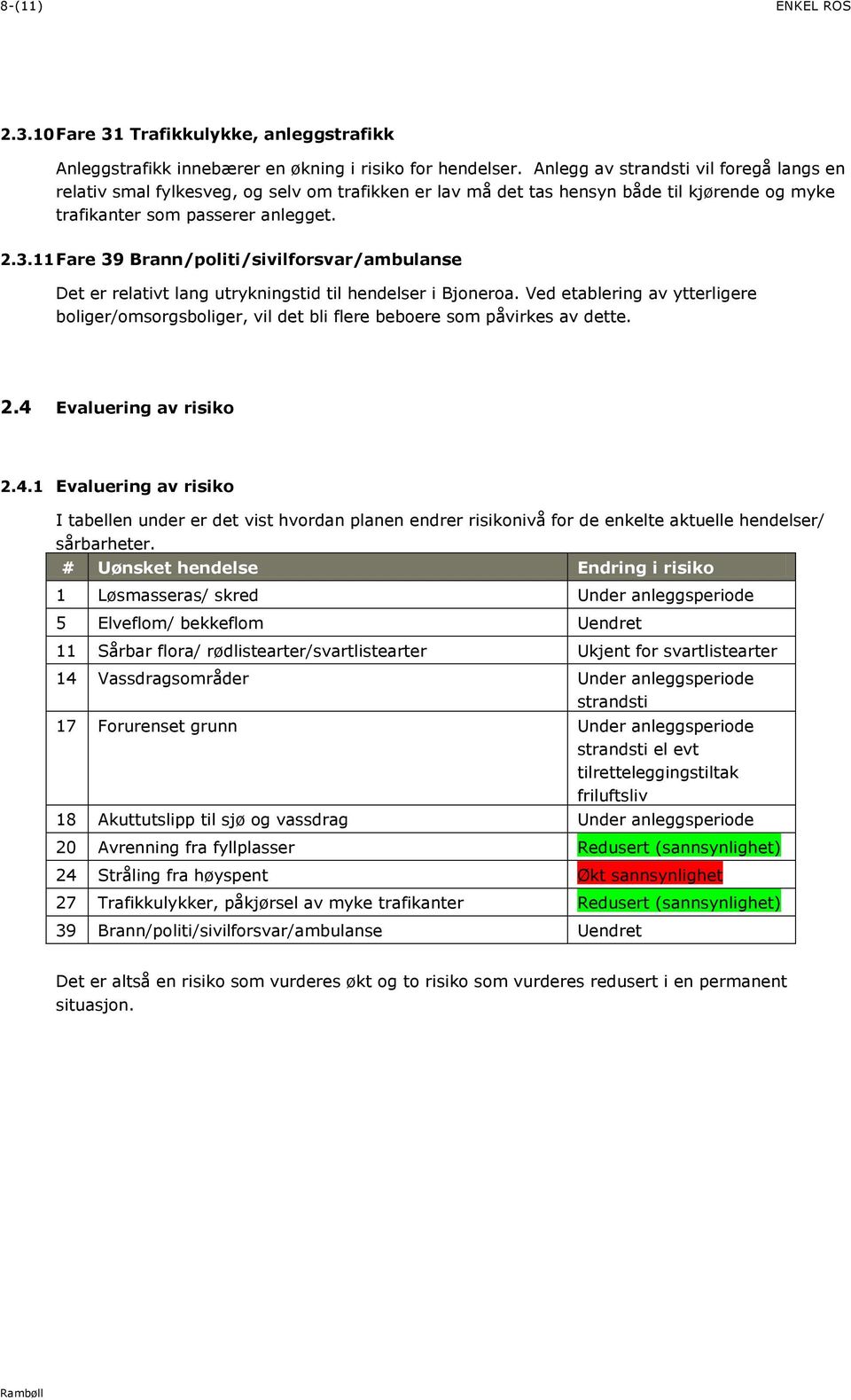 11 Fare 39 Brann/politi/sivilforsvar/ambulanse Det er relativt lang utrykningstid til hendelser i Bjoneroa.