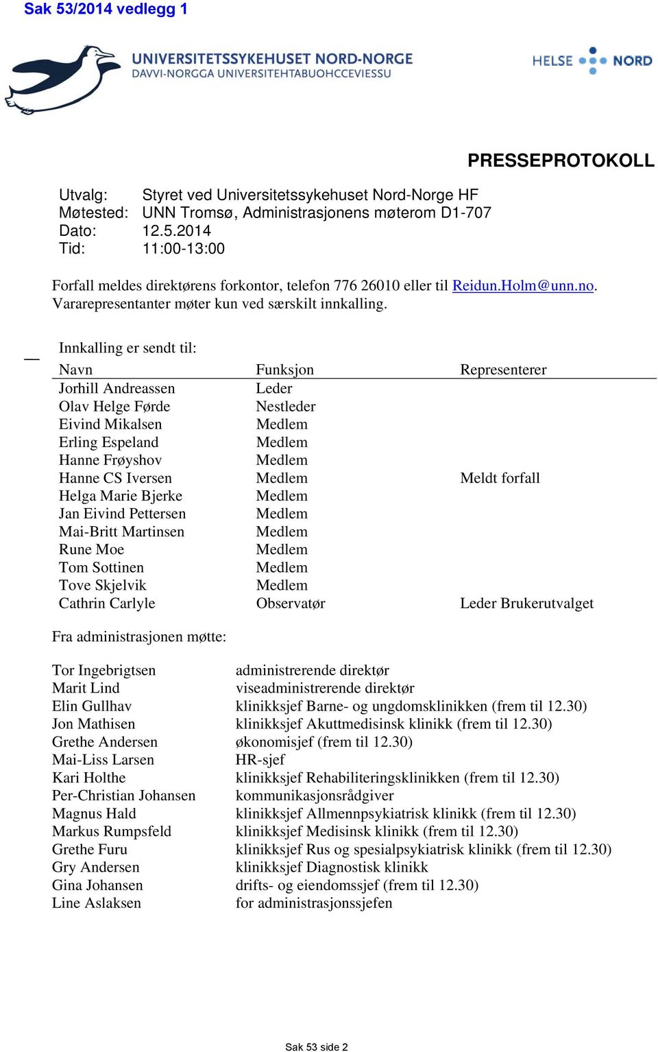 Innkalling er sendt til: Navn Funksjon Representerer Jorhill Andreassen Leder Olav Helge Førde Nestleder Eivind Mikalsen Medlem Erling Espeland Medlem Hanne Frøyshov Medlem Hanne CS Iversen Medlem