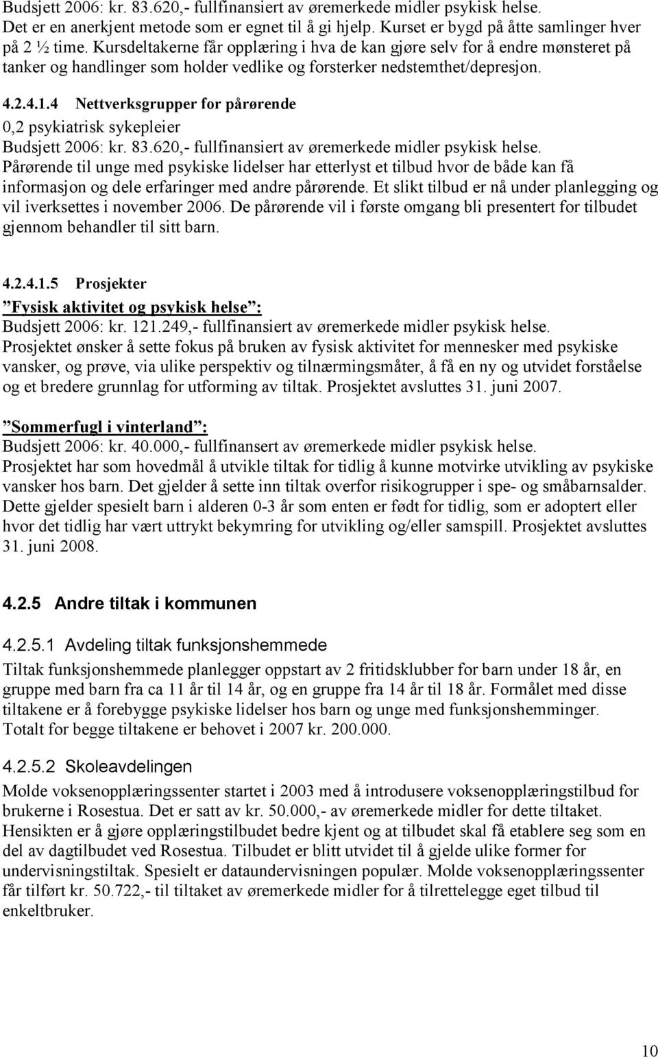 4 Nettverksgrupper for pårørende 0,2 psykiatrisk sykepleier Budsjett 2006: kr. 83.620,- fullfinansiert av øremerkede midler psykisk helse.