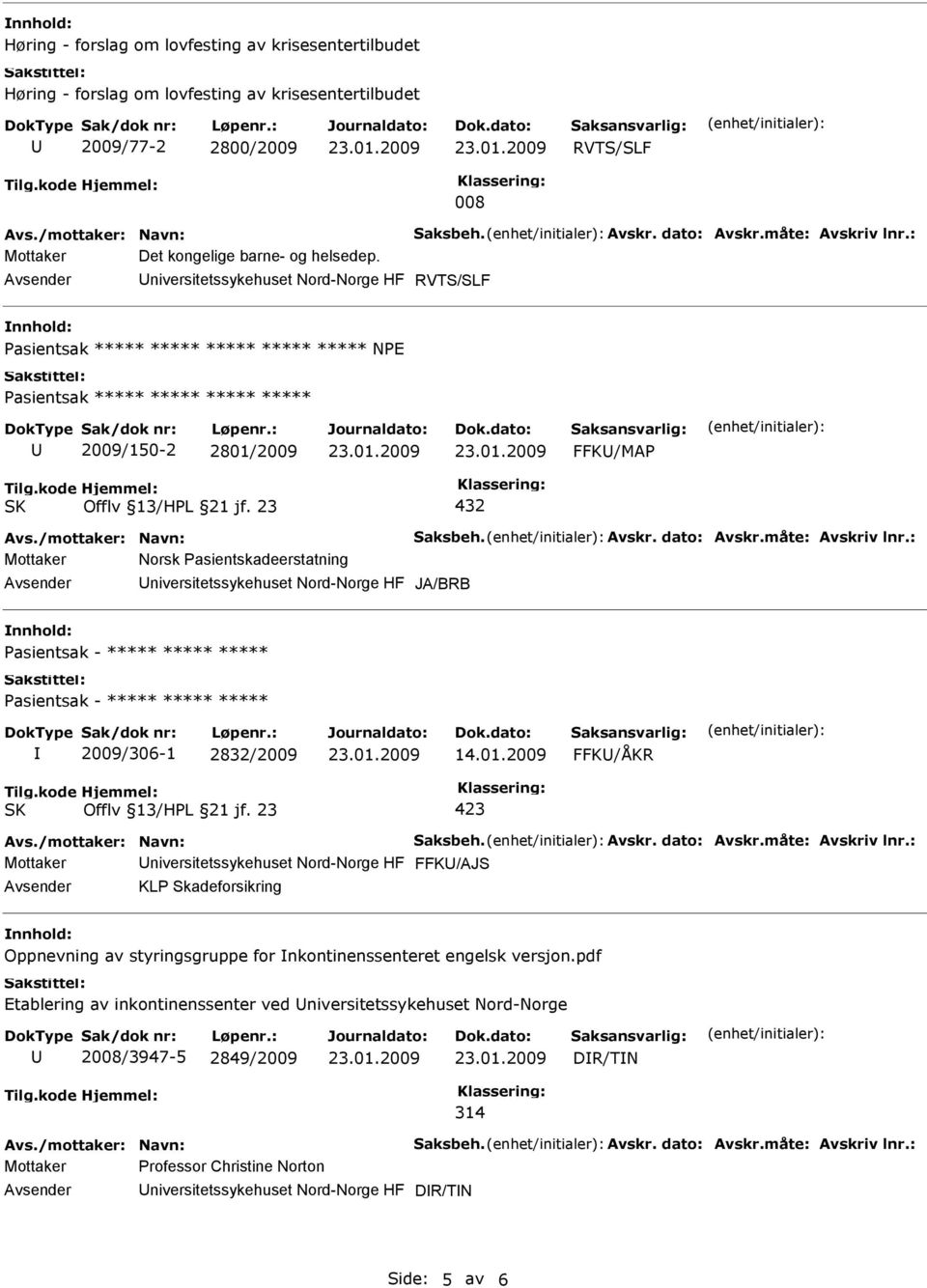 niversitetssykehuset Nord-Norge HF RVTS/SLF Pasientsak ***** ***** ***** ***** ***** NPE Pasientsak ***** ***** ***** ***** 2009/150-2 2801/2009 FFK/MAP 432 Avs./mottaker: Navn: Saksbeh. Avskr.