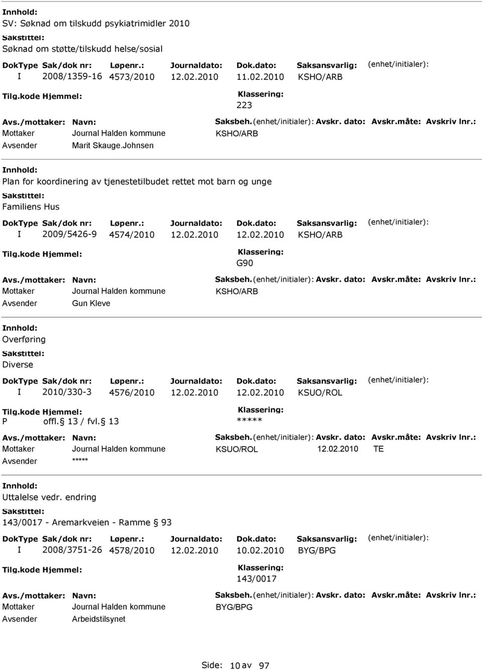 dato: vskr.måte: vskriv lnr.: KSHO/RB vsender Gun Kleve nnhold: Overføring Diverse 2010/330-3 4576/2010 KSUO/ROL P vs./mottaker: Navn: Saksbeh. vskr. dato: vskr.måte: vskriv lnr.: KSUO/ROL T nnhold: Uttalelse vedr.