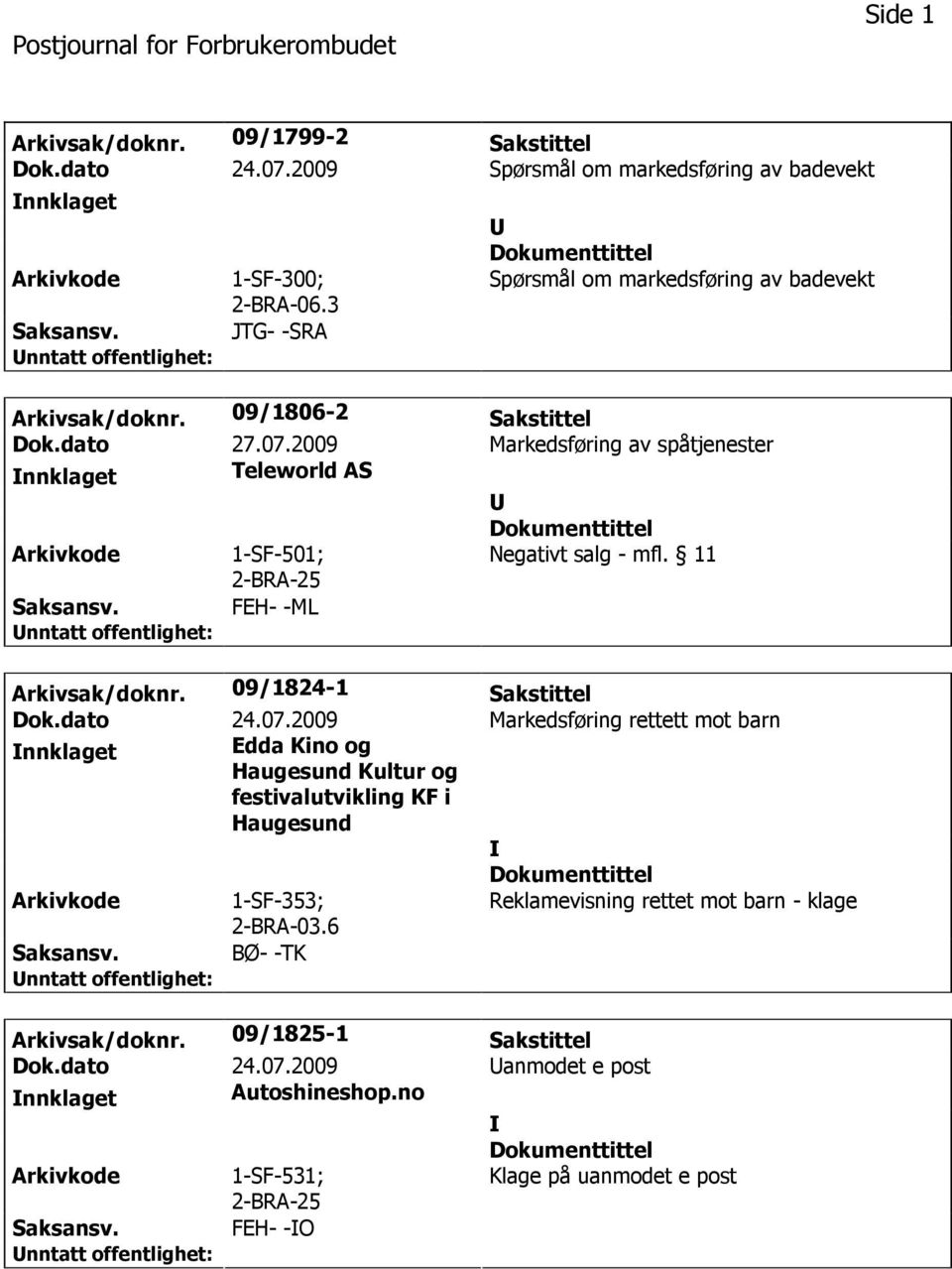 11 Saksansv. FEH- -ML Arkivsak/doknr. 09/1824-1 Sakstittel Dok.dato 24.07.