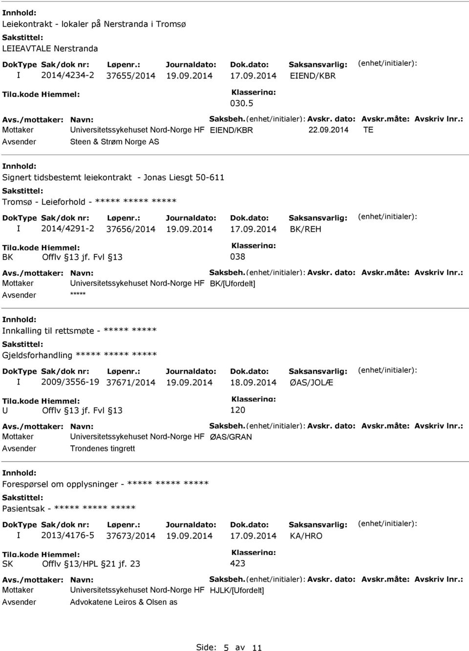 2014 TE Steen & Strøm Norge AS Signert tidsbestemt leiekontrakt - Jonas Liesgt 50-611 Tromsø - Leieforhold - ***** ***** ***** 2014/4291-2 37656/2014 BK/REH BK 038 Avs./mottaker: Navn: Saksbeh. Avskr.