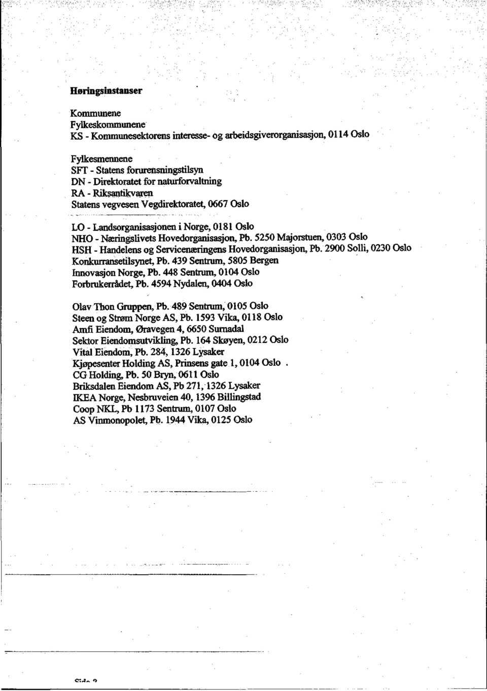 5250 Majorstuen, 0303 Oslo HSH - Handelens og Servicenæringens Hovedorganisasjon, Pb. 2900 Solli, 0230 Oslo Konkurransetilsynet, Pb. 439 Sentrum, 5805 Bergen Innovasjon Norge, Pb.