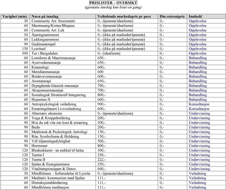 0,- Opplevelse 60 Lukkingseremoni 0,- (ikke på markedet/tjeneste) 0,- Opplevelse 90 Gudinnetempel 0,- (ikke på markedet/tjeneste) 0,- Opplevelse 150 Lysritual 0,- (ikke på markedet/tjeneste) 0,-