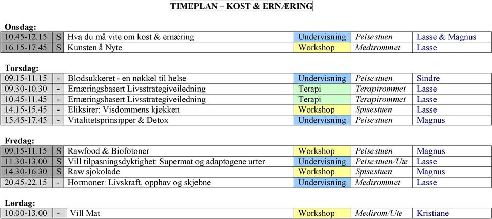 45 - Ernæringsbasert Livsstrategiveiledning Terapi Terapirommet Lasse 14.15-15.45 - Eliksirer: Visdommens kjøkken Workshop Spisestuen Lasse 15.45-17.