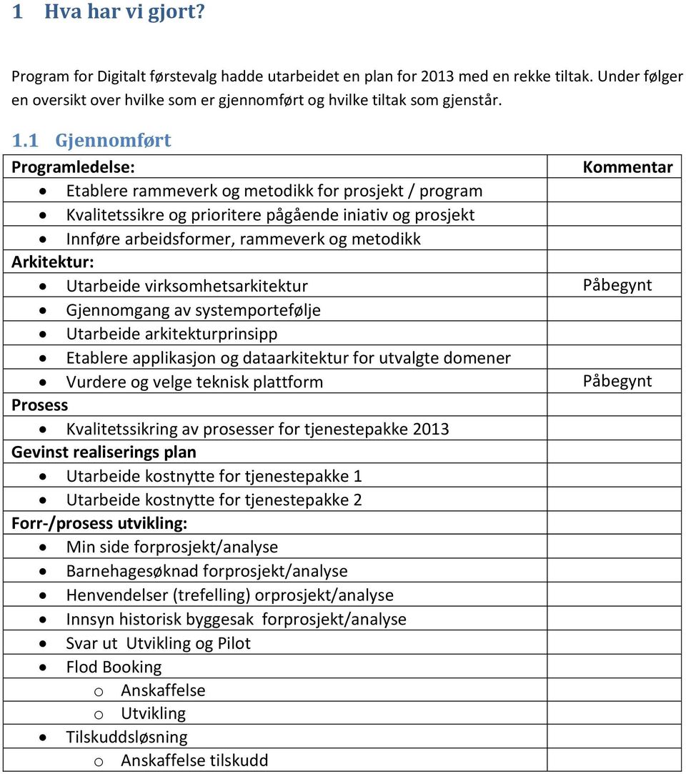 Arkitektur: Utarbeide virksomhetsarkitektur Påbegynt Gjennomgang av systemportefølje Utarbeide arkitekturprinsipp Etablere applikasjon og dataarkitektur for utvalgte domener Vurdere og velge teknisk